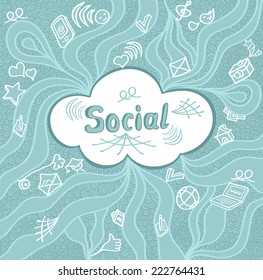 Abstract social cloud in doodle style on blue background for website banners and other things
