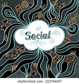 Abstract social cloud in doodle style on black background for website banners and other things