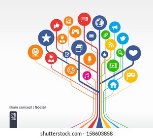 Abstract social media background with lines and circles. Brain concept with earth, network, computer, technology, like, mail, mobile and speech bubble icon. Vector infographic illustration.