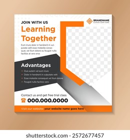 abstract social media banner design template with shield shape for photo space. Square banners school admission or education social media pack premium. orange and black element on white background