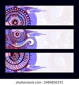 Abstract Social Media Banner or Header Set with Mandala Pattern and Copy Space.