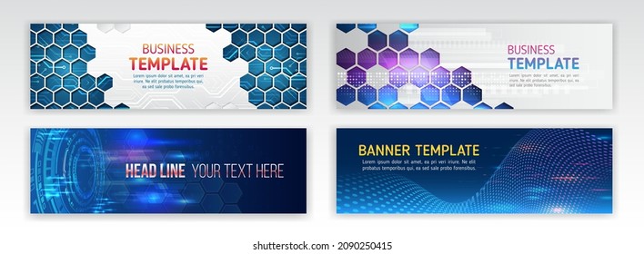 Abstract social media cover design. Horizontal header web background. High tech design with technological elements. Science and digital technology concept. Set of modern banner templates for websites.