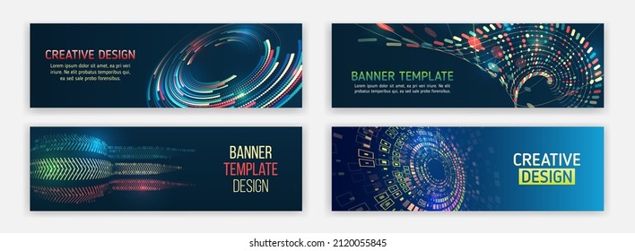 Abstract social media cover design. Big data futuristic web background. Visualization of data arrays, databases. Information flow, sorting. Set of Hi-tech banner templates for websites.