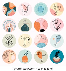 Abstract social media highlight covers, modern minimalist design, line art different human faces