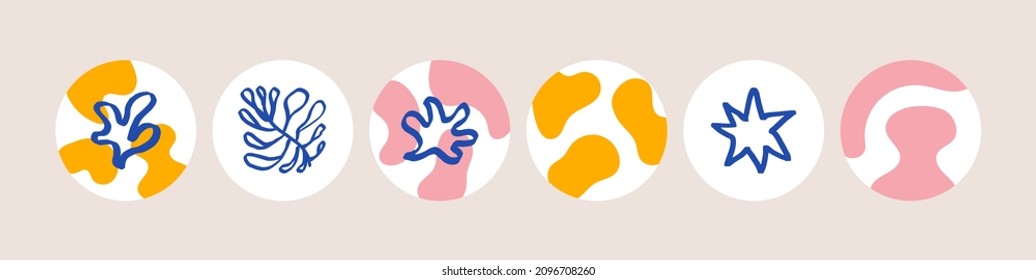 Abstract social media highlight stories with organic abstract shapes and summer plants. Matisse modern style. Vector creative icon design with blue algae