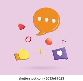 Abstract social media icons. 3D stickers with heart, rating, comment and notification. Poster for websites and social networks. Cartoon isometric vector illustration isolated on purple background