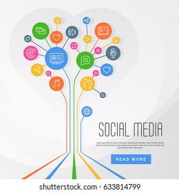 Abstract social media infographics connected circles with flat icons. Growth of network: computer, technology, speech bubble icon. Vector illustration