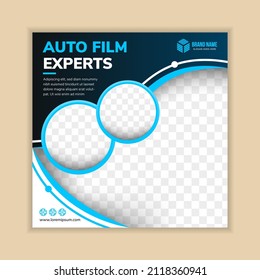 abstract social media post banner template design use headline is auto film experts. square layout with space for photo collage and text. dark blue background with white and blue color on elements