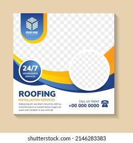 abstract social media post banner template design use headline is roofing installation services. square layout with space for photo and text. white background with blue and orange colors on elements