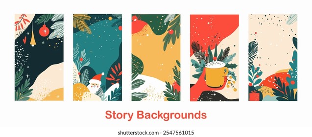 Abstract Social Media Story Backgrounds with Santa and Festive Holiday Foliage. Modern Christmas New Year Vector Templates. Colorful Stories Design with Festive Decor. Flat vector illustration