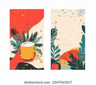 Resumo Social Media História Fundo com caneca de cacau e Folhagem de Férias Festivas. Modelos modernos de vetor de Natal de Ano Novo. Histórias coloridas Design com decoração festiva. Ilustração de vetor plano