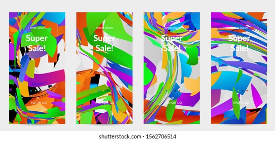 Abstract social media template with bright colored random small particle explosion. Sport music social media layout. Optical art dynamic background with outer space motion. Futuristic vector.