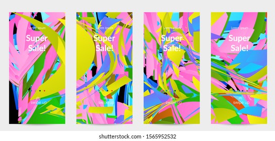 Abstract social media template with bright colored random small particle explosion. Sport music social media layout. Optical art dynamic background with outer space motion. Futuristic vector.