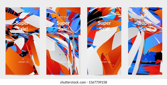 Abstract social media template with bright colored random small particle explosion. Sport music social media layout. Optical art dynamic background with outer space motion. Futuristic vector.