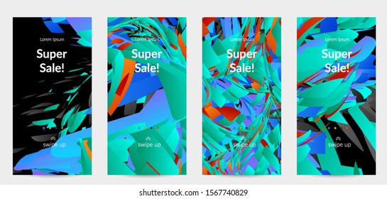 Abstract social media template with bright colored random small particle explosion. Sport music social media layout. Optical art dynamic background with outer space motion. Futuristic vector.