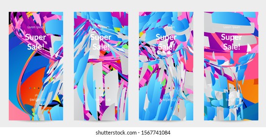 Abstract social media template with bright colored random small particle explosion. Sport music social media layout. Optical art dynamic background with outer space motion. Futuristic vector.