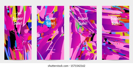 Abstract social media template with bright colored random small particle explosion. Sport music social media layout. Optical art dynamic background with outer space motion. Futuristic vector.