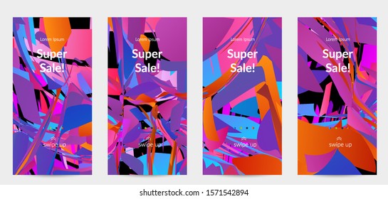 Abstract social media template with bright colored random small particle explosion. Sport music social media layout. Optical art dynamic background with outer space motion. Futuristic vector.