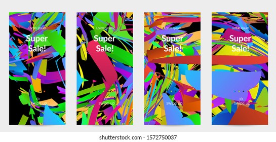 Abstract social media template with bright colored random small particle explosion. Sport music social media layout. Optical art dynamic background with outer space motion. Futuristic vector.