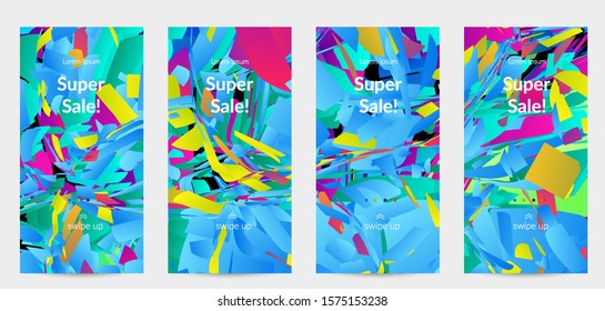 Abstract social media template with bright colored random small particle explosion. Sport music social media layout. Optical art dynamic background with outer space motion. Futuristic vector.