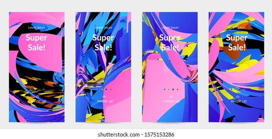 Abstract social media template with bright colored random small particle explosion. Sport music social media layout. Optical art dynamic background with outer space motion. Futuristic vector.