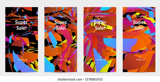 Abstract social media template with bright colored random small particle explosion. Sport music social media layout. Optical art dynamic background with outer space motion. Futuristic vector.
