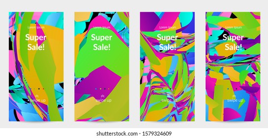 Abstract social media template with bright colored random small particle explosion. Sport music social media layout. Optical art dynamic background with outer space motion. Futuristic vector.