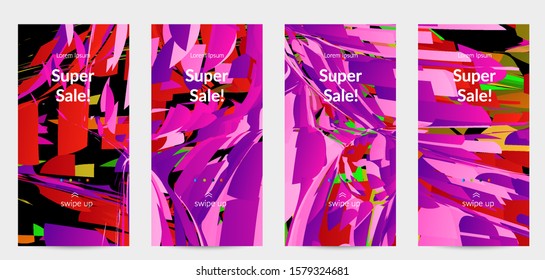 Abstract social media template with bright colored random small particle explosion. Sport music social media layout. Optical art dynamic background with outer space motion. Futuristic vector.