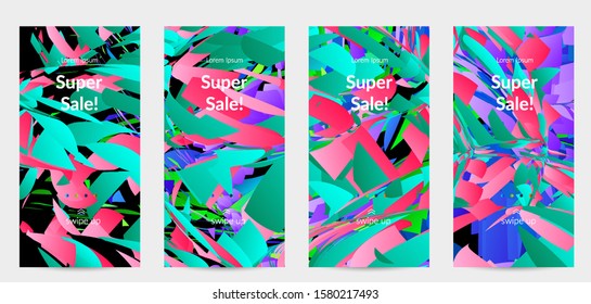 Abstract social media template with bright colored random small particle explosion. Sport music social media layout. Optical art dynamic background with outer space motion. Futuristic vector.