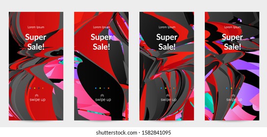 Abstract social media template with bright colored random small particle explosion. Sport music social media layout. Optical art dynamic background with outer space motion. Futuristic vector.