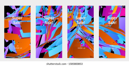Abstract social media template with bright colored random small particle explosion. Sport music social media layout. Optical art dynamic background with outer space motion. Futuristic vector.