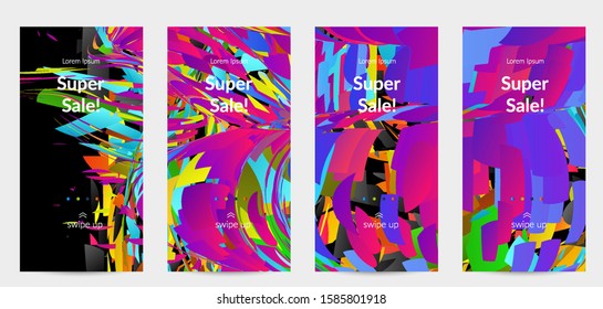 Abstract social media template with bright colored random small particle explosion. Sport music social media layout. Optical art dynamic background with outer space motion. Futuristic vector.