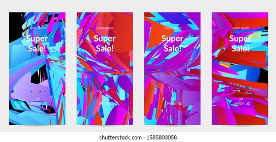 Abstract social media template with bright colored random small particle explosion. Sport music social media layout. Optical art dynamic background with outer space motion. Futuristic vector.