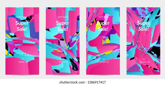 Abstract social media template with bright colored random small particle explosion. Sport music social media layout. Optical art dynamic background with outer space motion. Futuristic vector.
