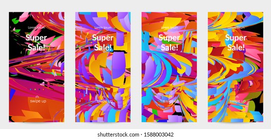 Abstract social media template with bright colored random small particle explosion. Sport music social media layout. Optical art dynamic background with outer space motion. Futuristic vector.