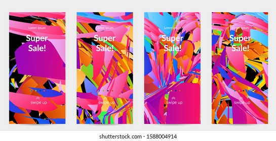Abstract social media template with bright colored random small particle explosion. Sport music social media layout. Optical art dynamic background with outer space motion. Futuristic vector.