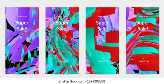 Abstract social media template with bright colored random small particle explosion. Sport music social media layout. Optical art dynamic background with outer space motion. Futuristic vector.