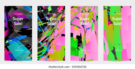 Abstract social media template with bright colored random small particle explosion. Sport music social media layout. Optical art dynamic background with outer space motion. Futuristic vector.