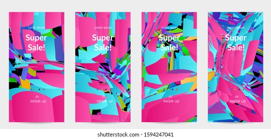 Abstract social media template with bright colored random small particle explosion. Sport music social media layout. Optical art dynamic background with outer space motion. Futuristic vector.