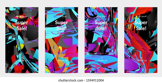 Abstract social media template with bright colored random small particle explosion. Sport music social media layout. Optical art dynamic background with outer space motion. Futuristic vector.