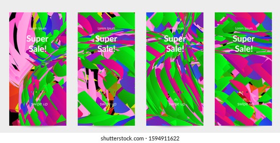 Abstract social media template with bright colored random small particle explosion. Sport music social media layout. Optical art dynamic background with outer space motion. Futuristic vector.