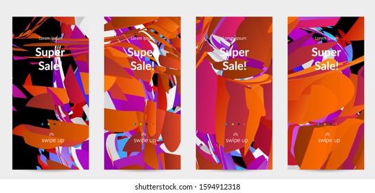 Abstract social media template with bright colored random small particle explosion. Sport music social media layout. Optical art dynamic background with outer space motion. Futuristic vector.