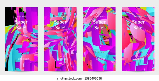 Abstract social media template with bright colored random small particle explosion. Sport music social media layout. Optical art dynamic background with outer space motion. Futuristic vector.