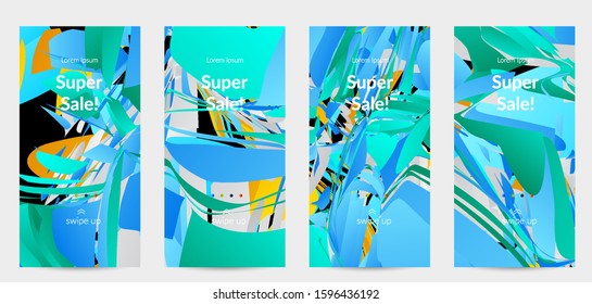 Abstract social media template with bright colored random small particle explosion. Sport music social media layout. Optical art dynamic background with outer space motion. Futuristic vector.