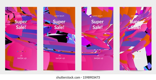 Abstract social media template with bright colored random small particle explosion. Sport music social media layout. Optical art dynamic background with outer space motion. Futuristic vector.