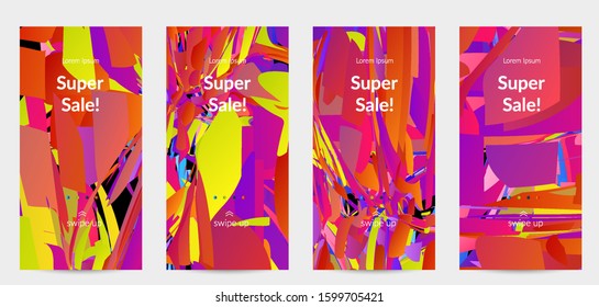 Abstract social media template with bright colored random small particle explosion. Sport music social media layout. Optical art dynamic background with outer space motion. Futuristic vector.