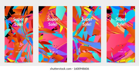 Abstract social media template with bright colored random small particle explosion. Sport music social media layout. Optical art dynamic background with outer space motion. Futuristic vector.