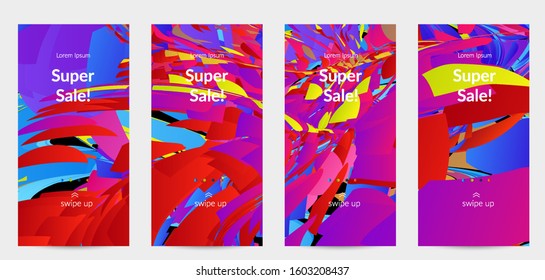 Abstract social media template with bright colored random small particle explosion. Sport music social media layout. Optical art dynamic background with outer space motion. Futuristic vector.