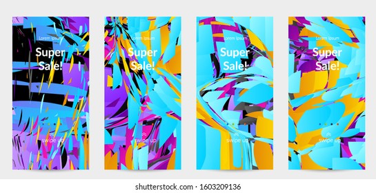 Abstract social media template with bright colored random small particle explosion. Sport music social media layout. Optical art dynamic background with outer space motion. Futuristic vector.