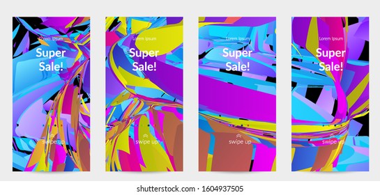 Abstract social media template with bright colored random small particle explosion. Sport music social media layout. Optical art dynamic background with outer space motion. Futuristic vector.